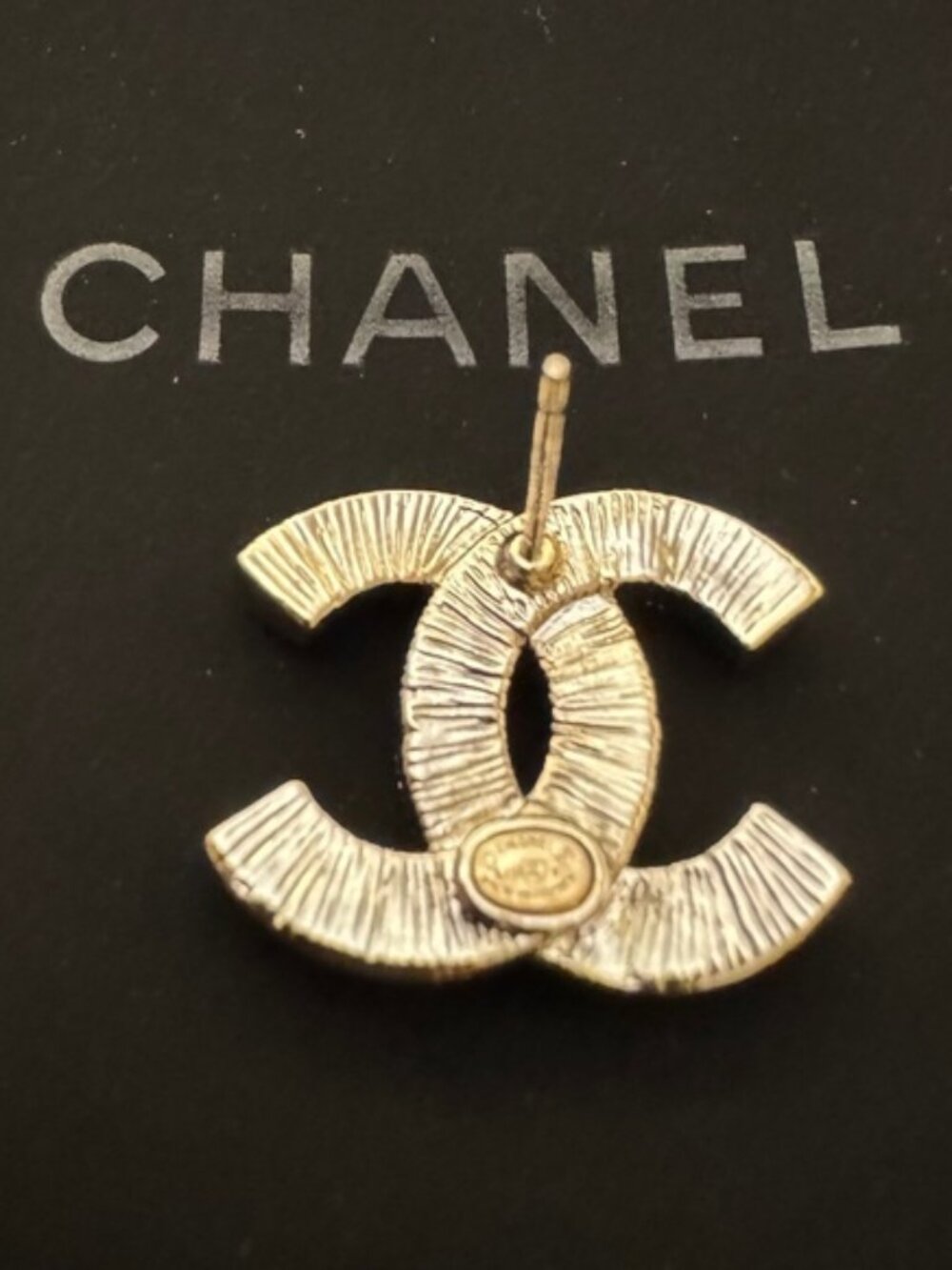 Super Rare Classic New Chanel CC Logo Crystal Embellished Gold Stud Earring